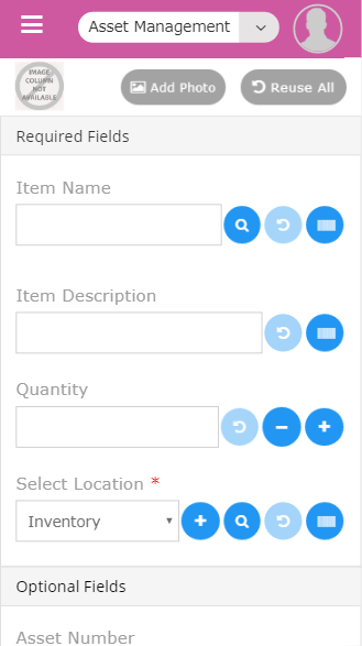 Mobile asset management add item screen