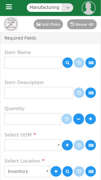 Mobile manufacturing item addition screen