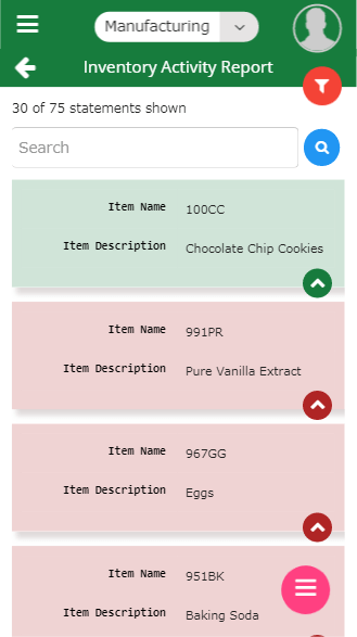 Mobile inventory management activity report screen