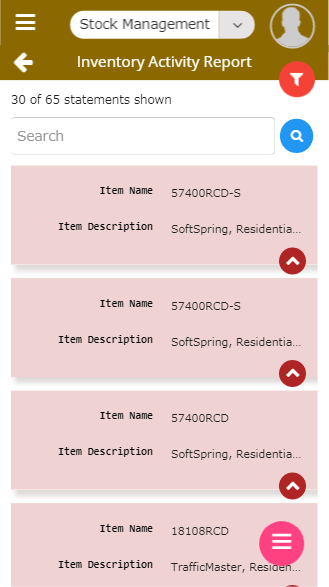 Mobile inventory activity report screen