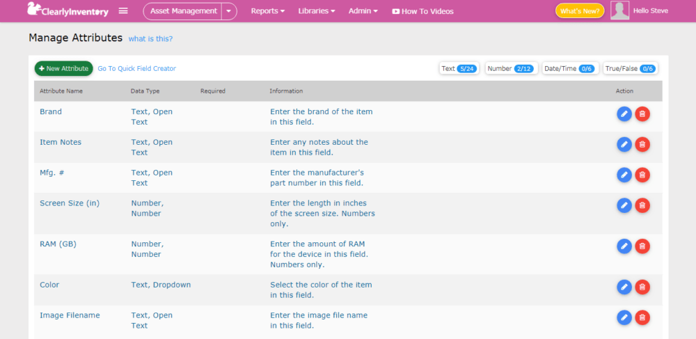 Manage inventory attributes screen