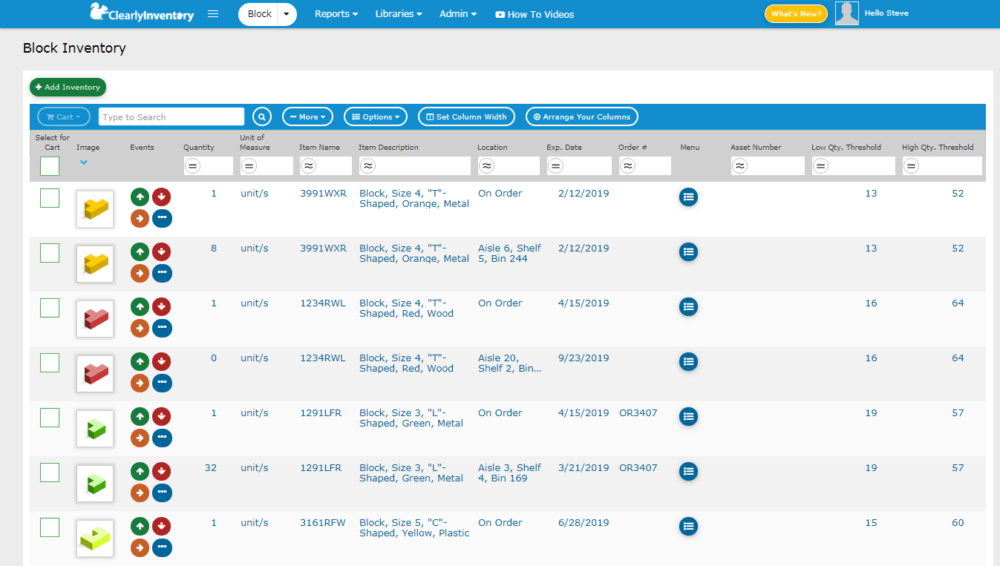 Block inventory screen