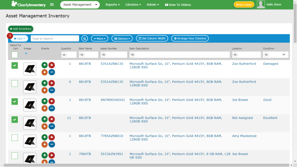 Asset inventory management screen