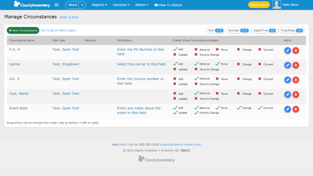 Manage circumstances screen