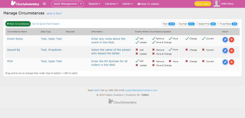 Manage circumstances screen