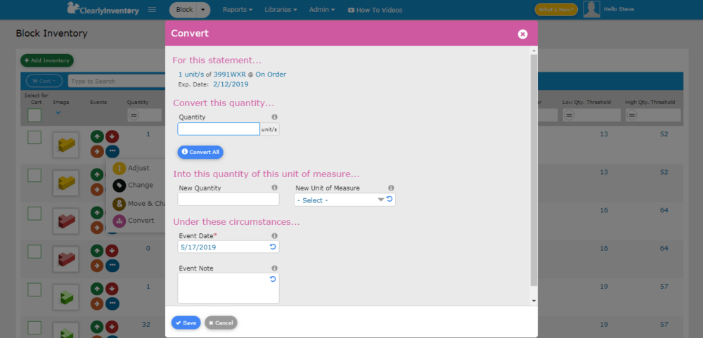 Convert quantity screen