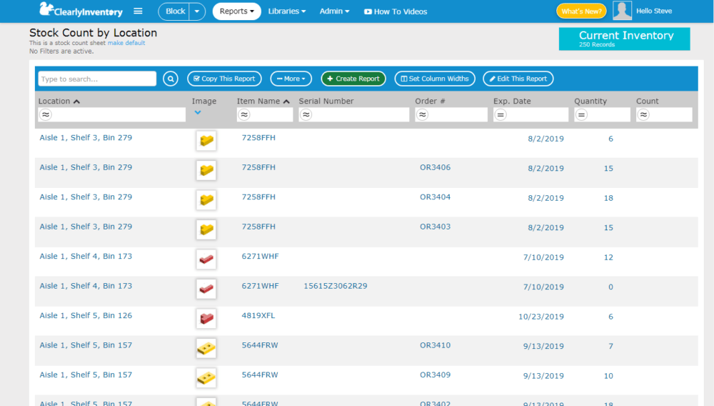Inventory management-stock count by location screen