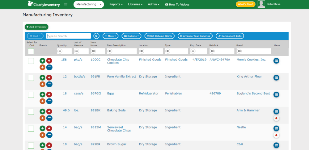 Manufacturing inventory screen