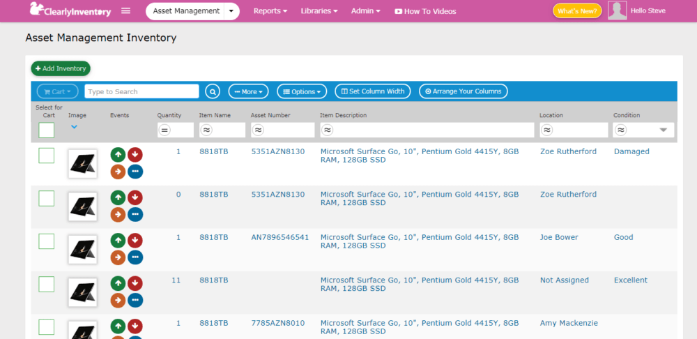 Asset management inventory screen