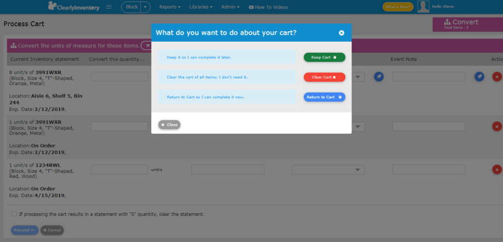 Cart inquiry screen