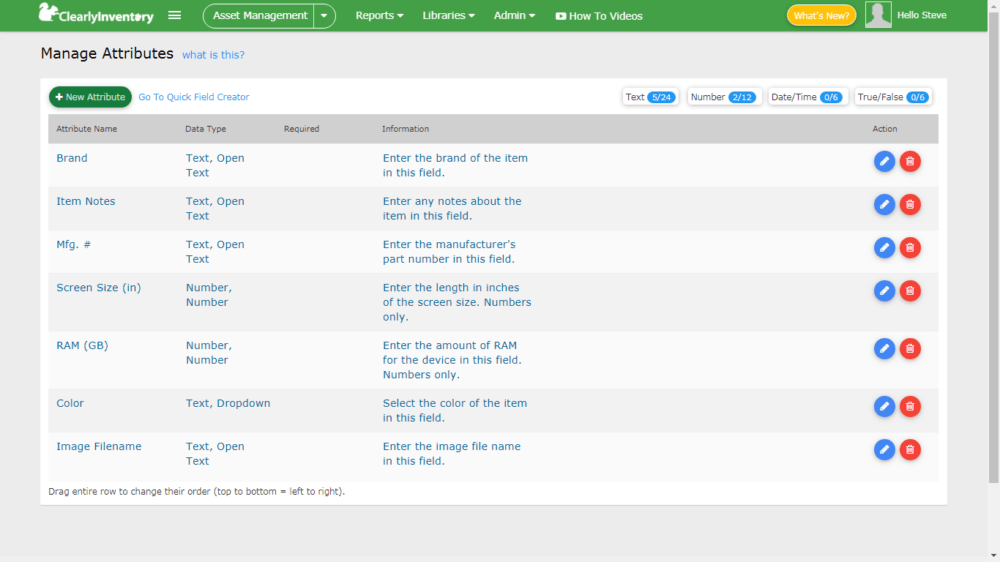 Manage attributes screen