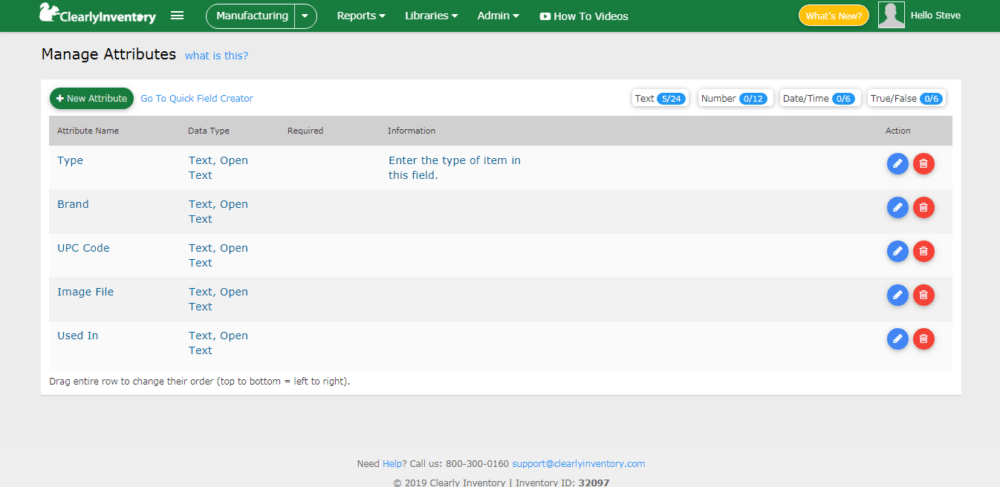 Manage attributes screen
