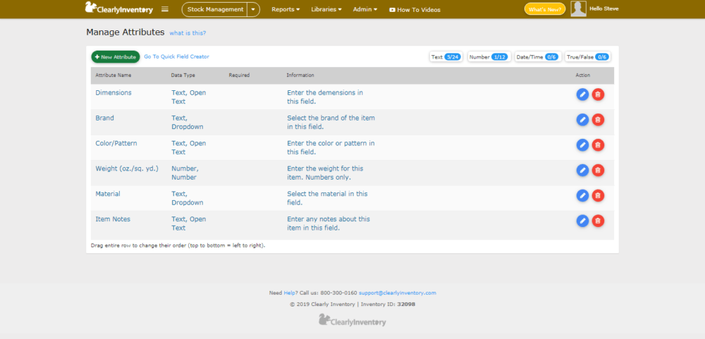 Manage attributes screen