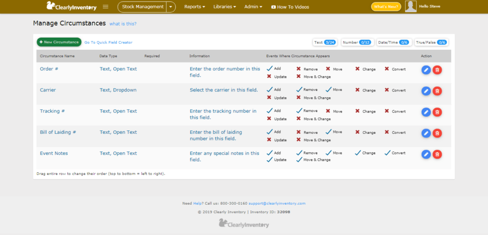 Manage circumstances screen