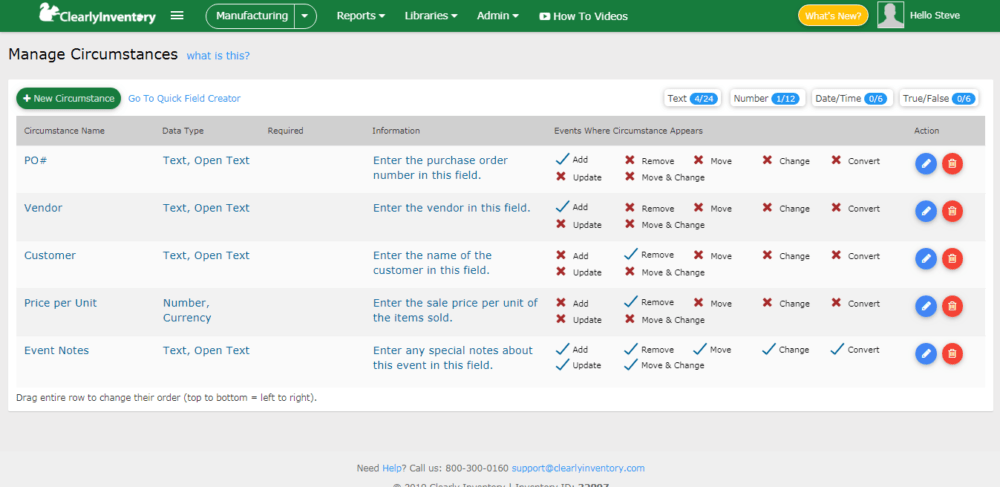 Manage circumstances screen