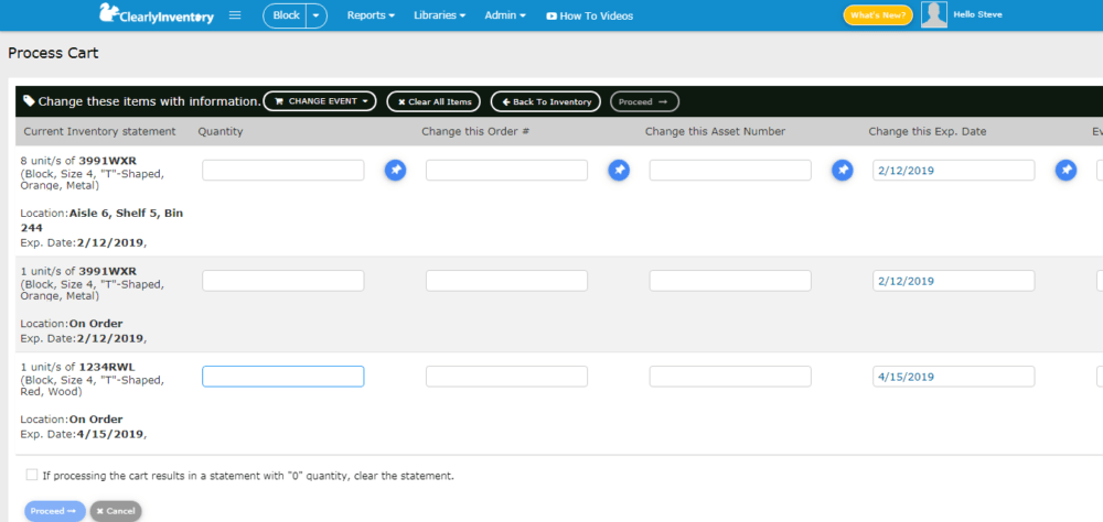 Process cart change items screen