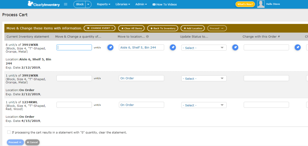 Process cart move and change items screen