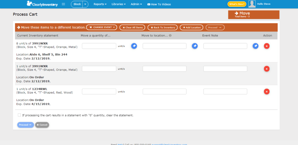 Process cart move items screen