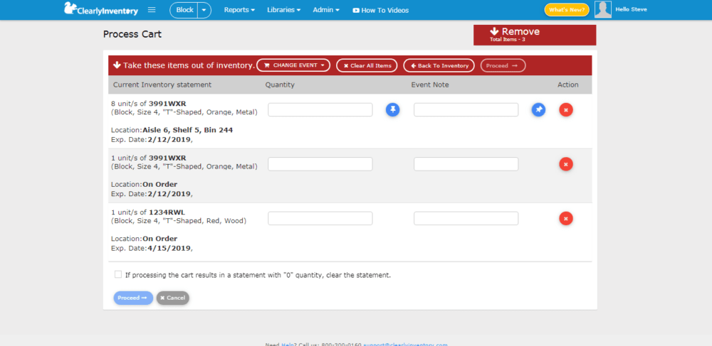 Process cart remove items screen