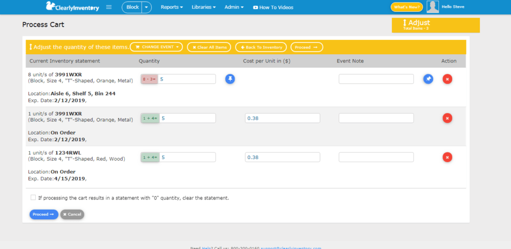 Process cart adjust quantity screen