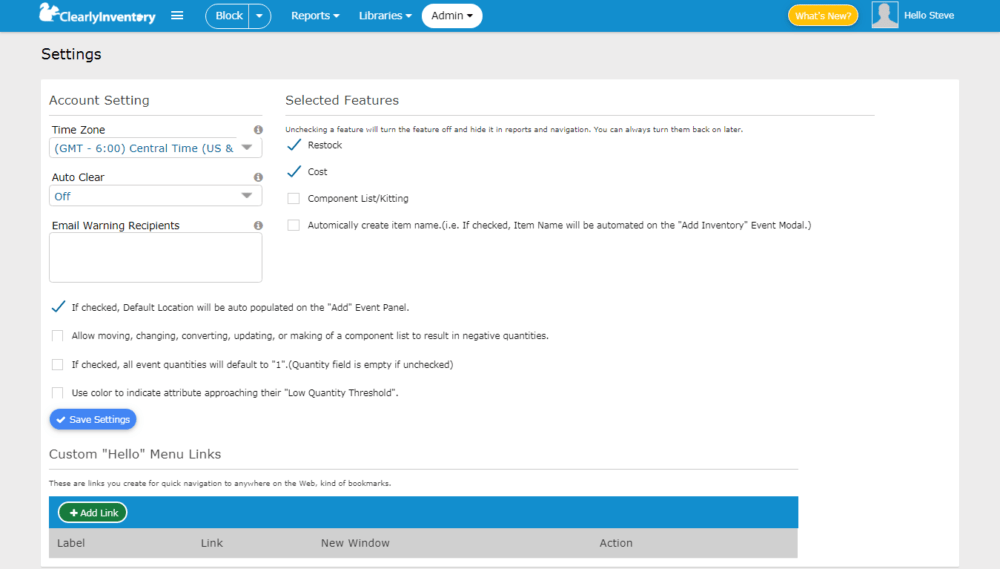 Settings screen