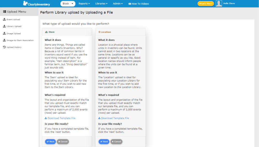 Perform library upload screen