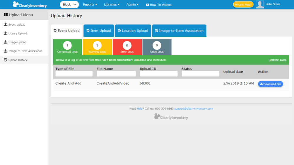 Upload history screen